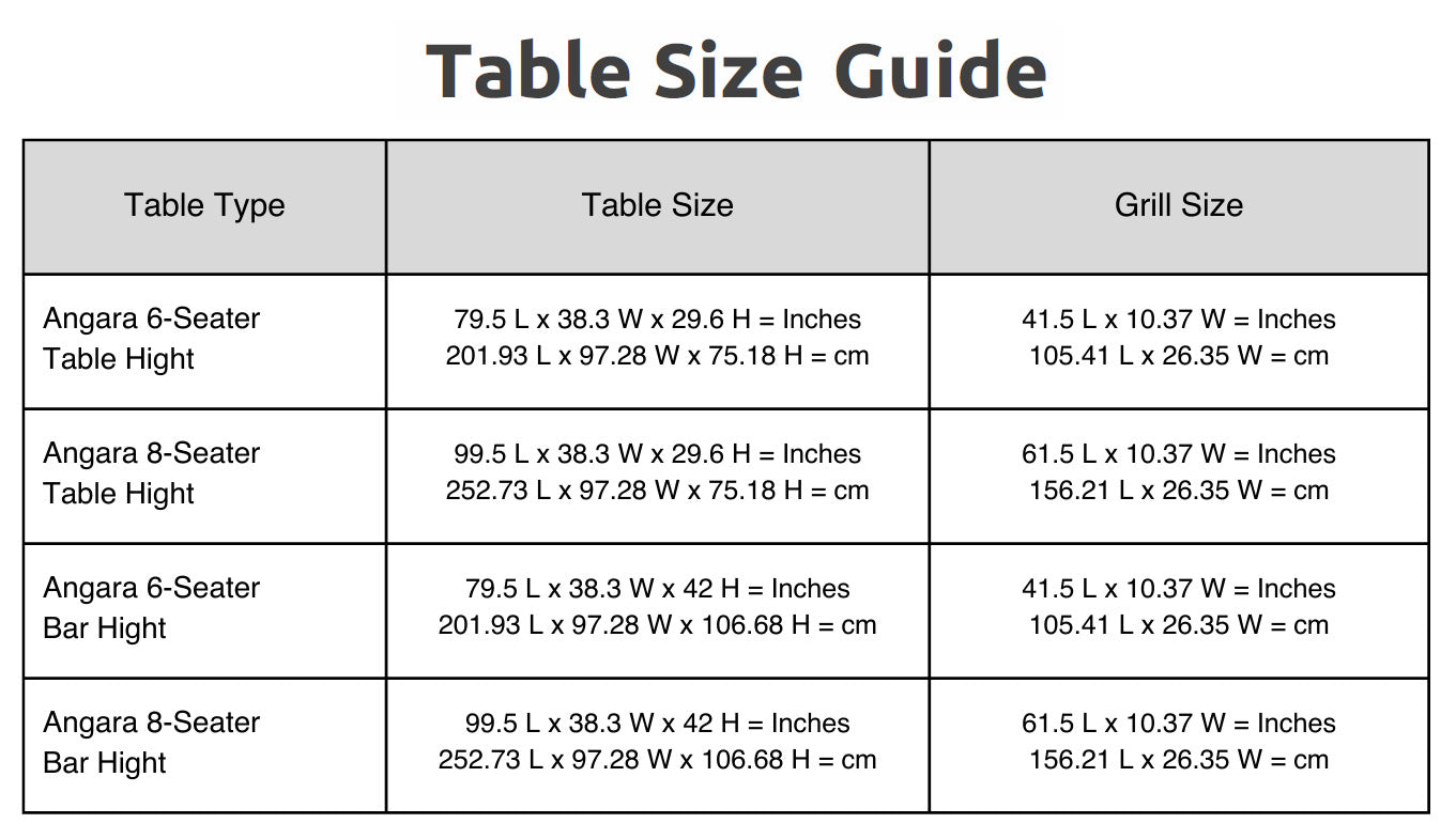 Angara Table Size Guide