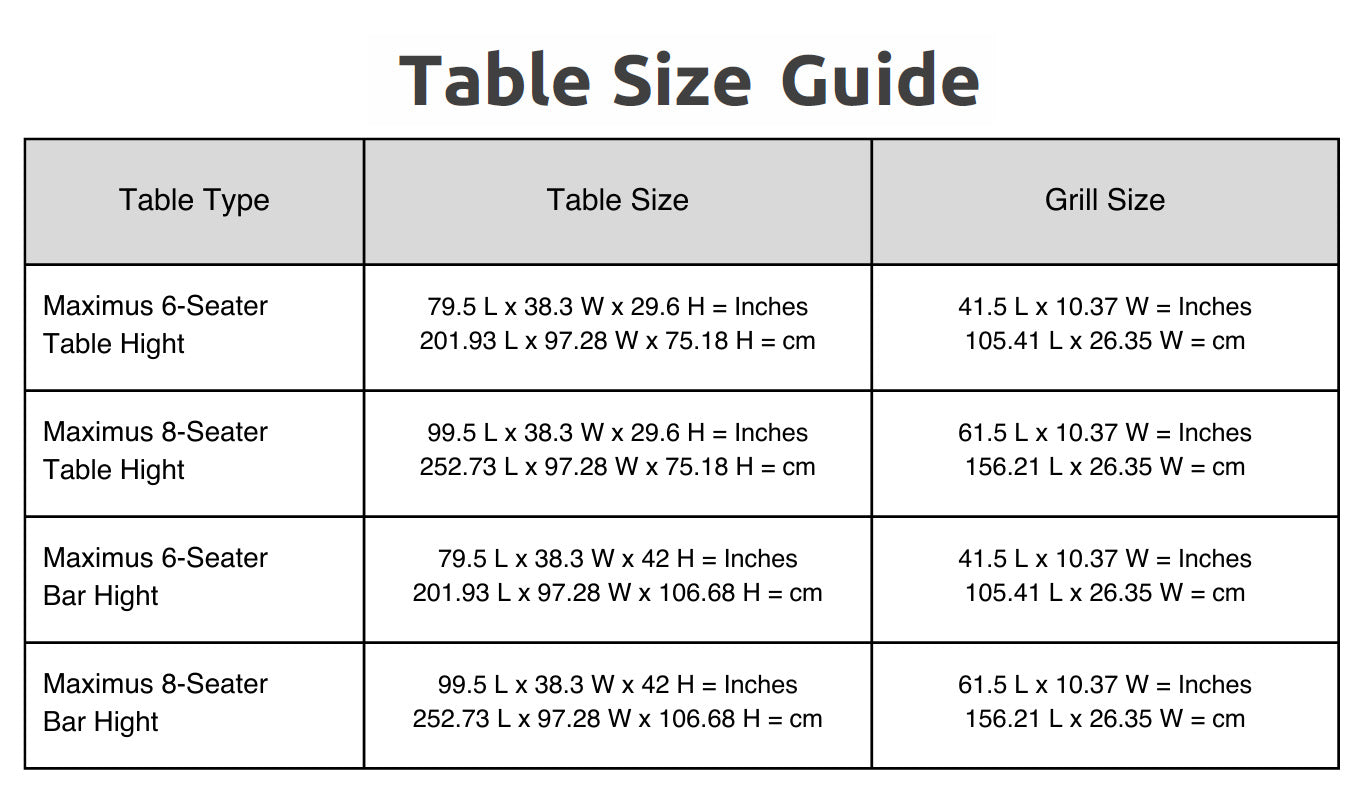 Angara Maximus Table Size Guide