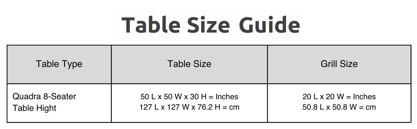 Quadra Table Size Guide
